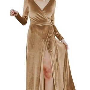 Velvet Wrap Maxi Dress in Camel — Elegant Long-Sleeve Evening Gown